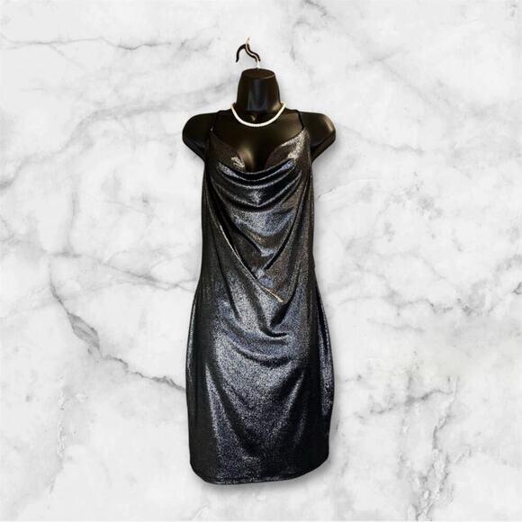 Black Metallic Cowl Neck Mini Dress Size Large - Picture 1 of 4